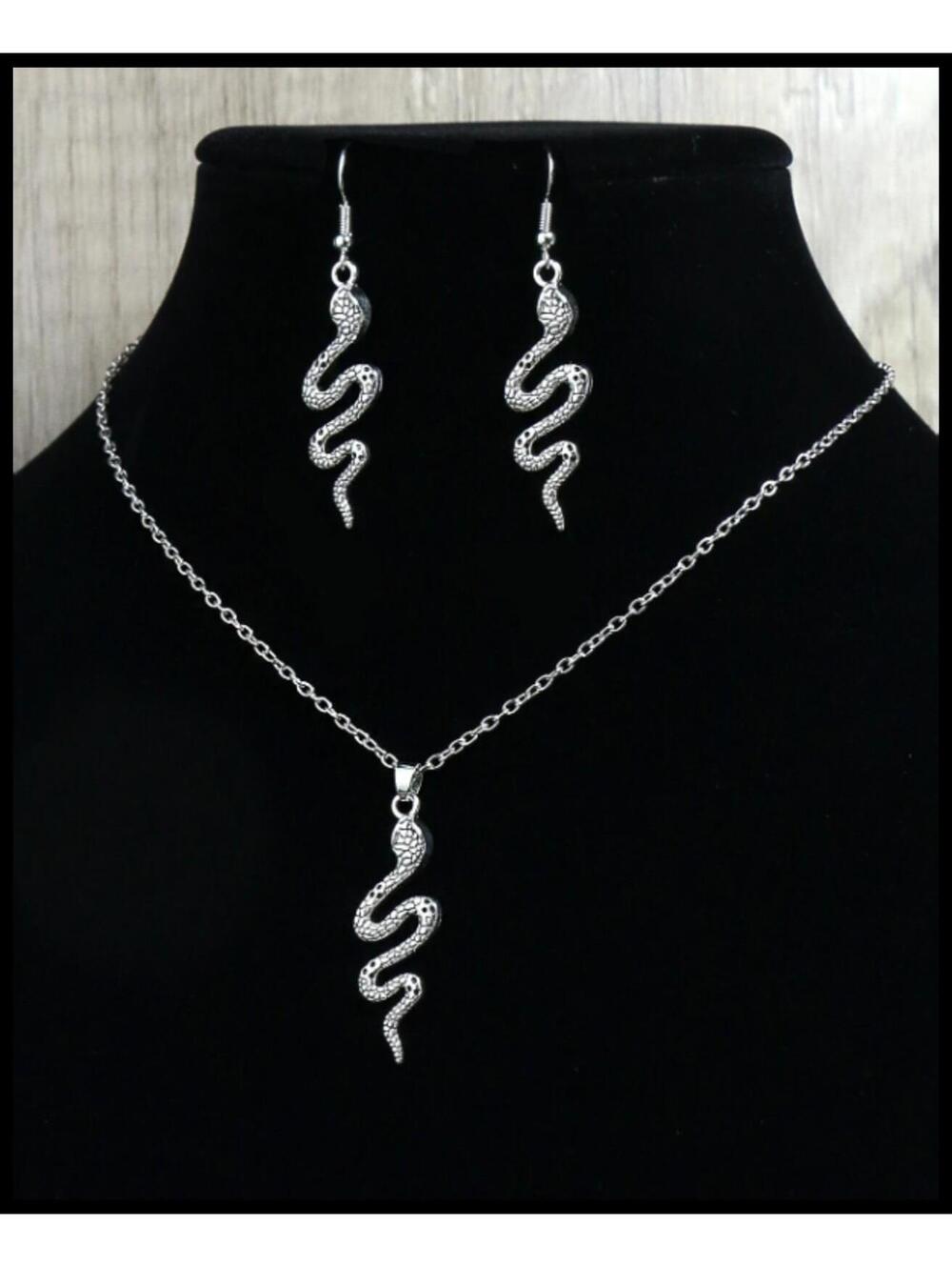 Antiqued snake - Necklace/Earring set - Silver - 18"